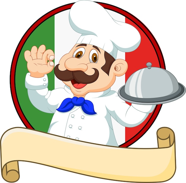 Cartoon funny chef holding a silver platter 