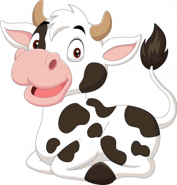 Vector cartoon funny cow sitting on white background