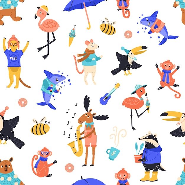 Cartoon funny creatures seamless pattern vector flat illustration. happy wild childish animals, fish and birds on white background. creative joyful wildlife characters decorative style.