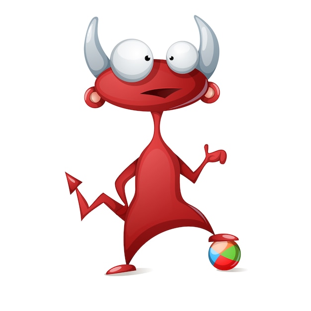 Cartoon funny, cute devil - play football, soccer illustration.