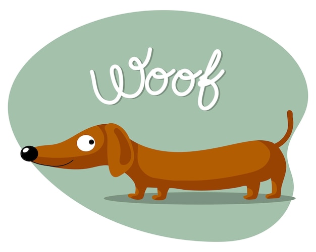 Vettore cartone animato divertente cane bassotto e la parola woof illustrazione in stile piatto per bambini stampa cartolina v