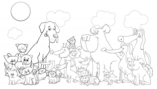 Cartoon funny dog and cats coloring book