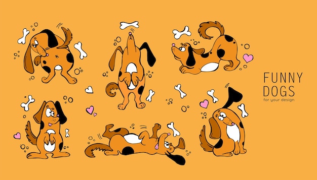 Cartoon funny dog set. cute animal poses vector isolated illustration