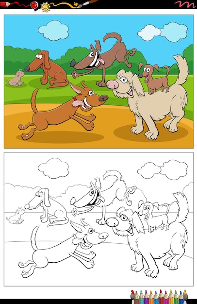 漫画面白い犬と子犬のグループの塗り絵ページ