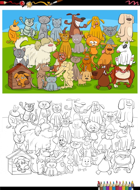 Cartoon funny dogs and cats group coloring book page