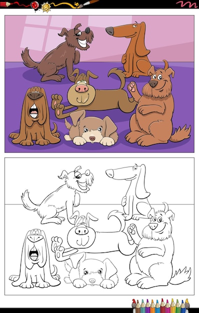 Cartoon funny dogs characters coloring book page