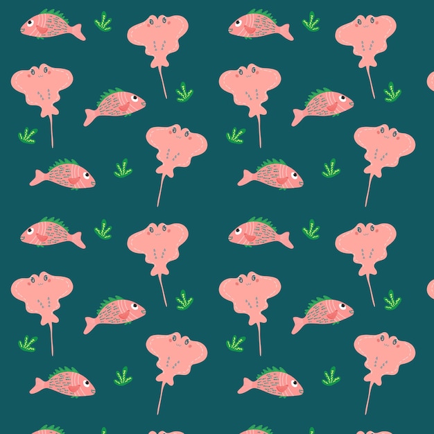 Cartoon funny fish pattern Pattern with pink fish and stingrays for fabrics textiles wallpaper wrapping paper children's clothing