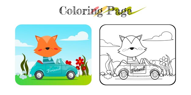 Cartoon of funny fox on blue car with nature background coloring book or page  for multipurpose