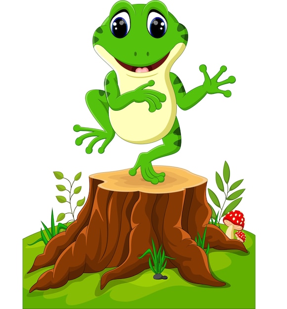 Cartoon funny frog sitting on tree stump