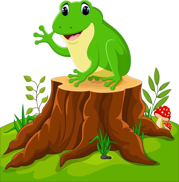 Cartoon funny frog sitting on tree stump