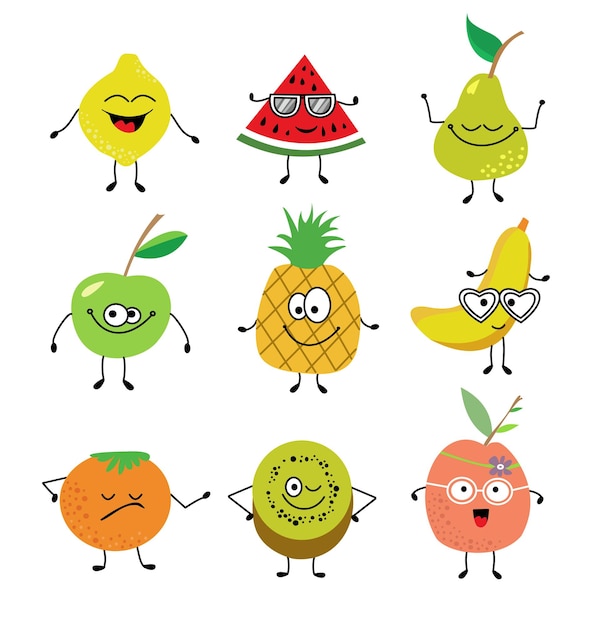 Cartoon funny fruits characters cute faces