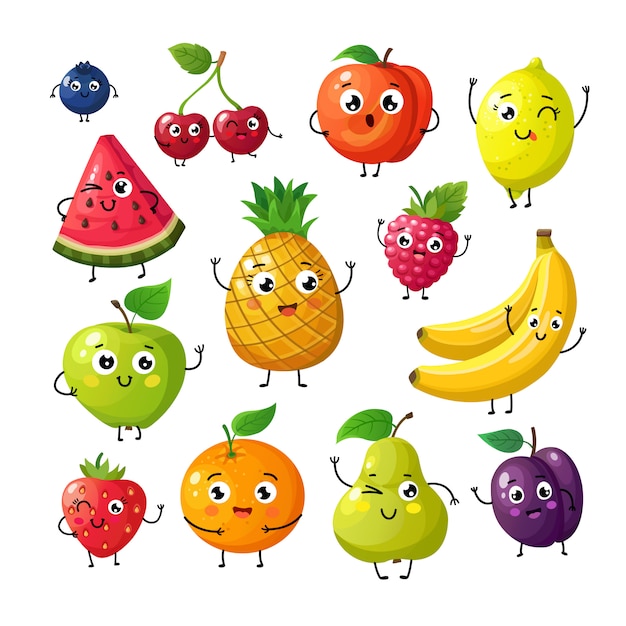 Cartoon funny fruits. Happy kiwi banana raspberry orange cherry with face.