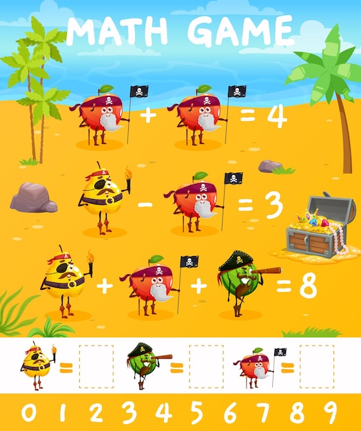 Cartoon funny fruits pirates math game worksheet