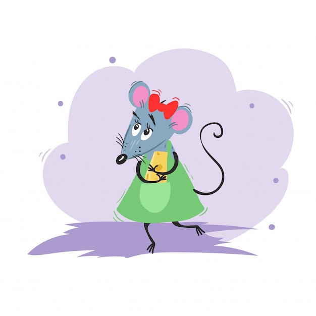 Cartoon funny girl mouse dancing with cheese. 2020 Year Chinese symbol. Comic female mascot. Rat or mouse character. Rodent animal.