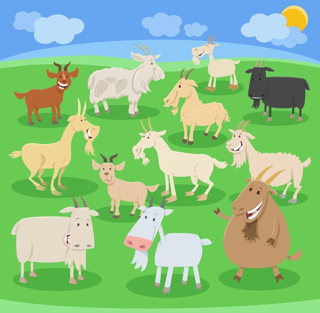 Set di personaggi di animali da allevamento di capre divertenti del fumetto