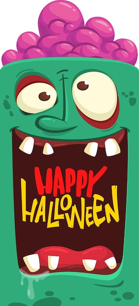 Cartoon funny green zombie character design with scary face expression halloween vector illustration isolated on white party poster package design