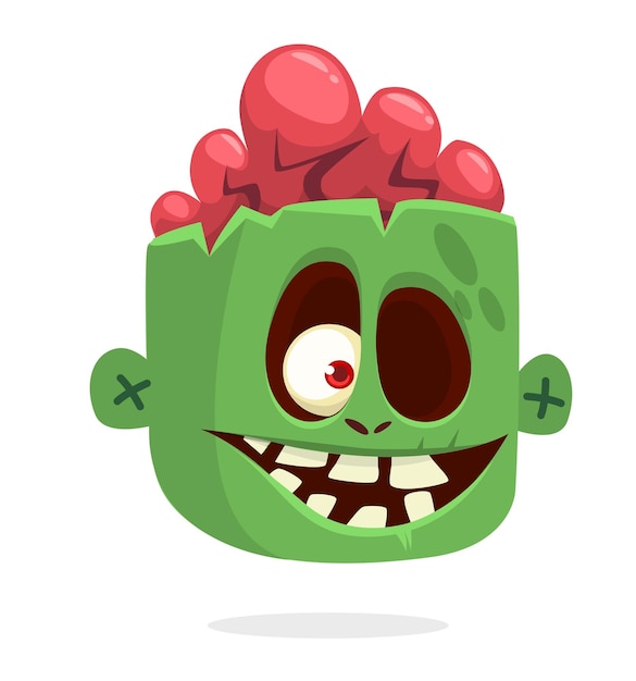 Cartoon funny green zombie character design with scary face expression Halloween vector illustration isolated on whiteParty poster