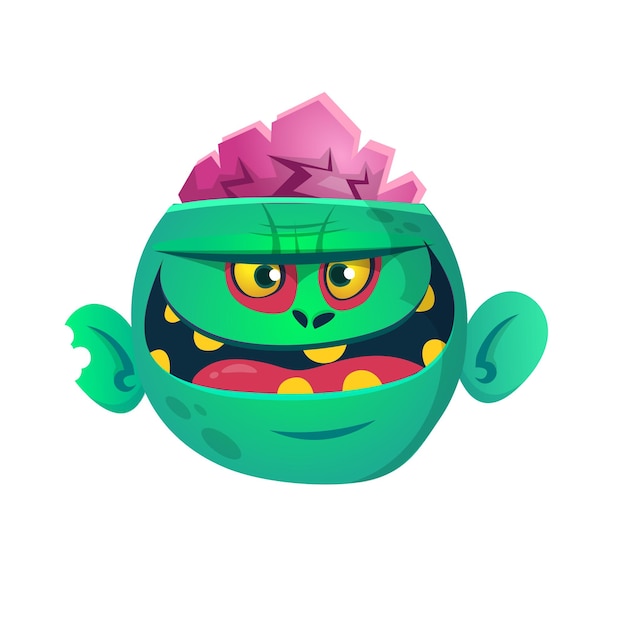 Cartoon funny green zombie character design with scary face expression halloween vector illustration isolated