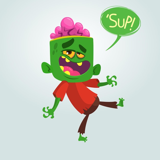 Cartoon funny green zombie Halloween vector illustration of zombie monster