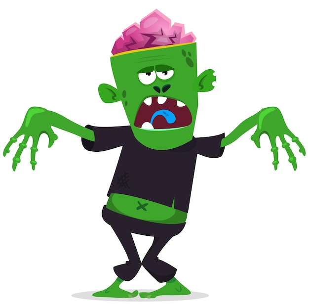 Cartoon funny green zombie with pink brains outside of the head Halloween vector illustration isolated