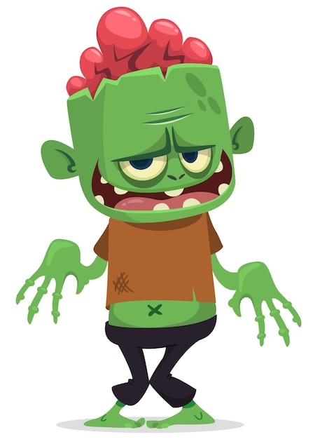 Cartoon funny green zombie with pink brains outside of the head Halloween vector illustration isolated