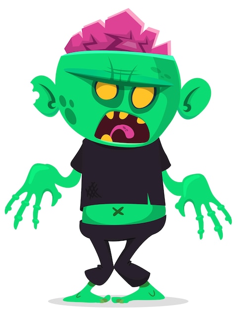 Cartoon funny green zombie with pink brains outside of the head Halloween vector illustration isolated