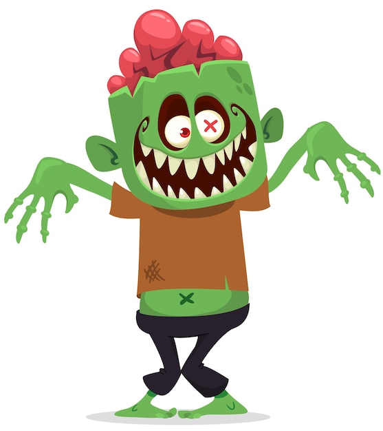 Vector cartoon funny green zombie with pink brains outside of the head halloween vector illustration isolated