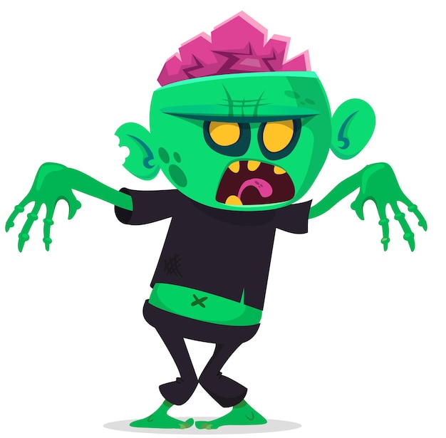 Vector cartoon funny green zombie with pink brains outside of the head halloween vector illustration isolated