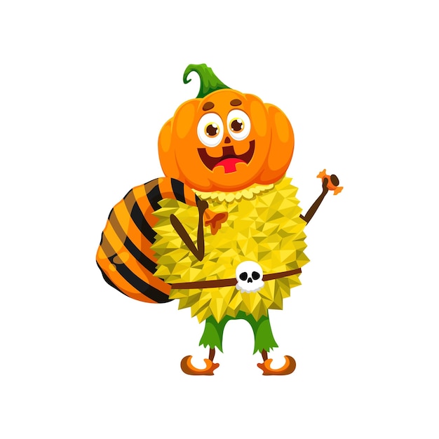 Cartoon funny halloween fruit durian in pumpkin costume, holiday vector character. durian fruit in spooky pumpkin mask with sack bag of candy sweets for trick or treat party of halloween horror night