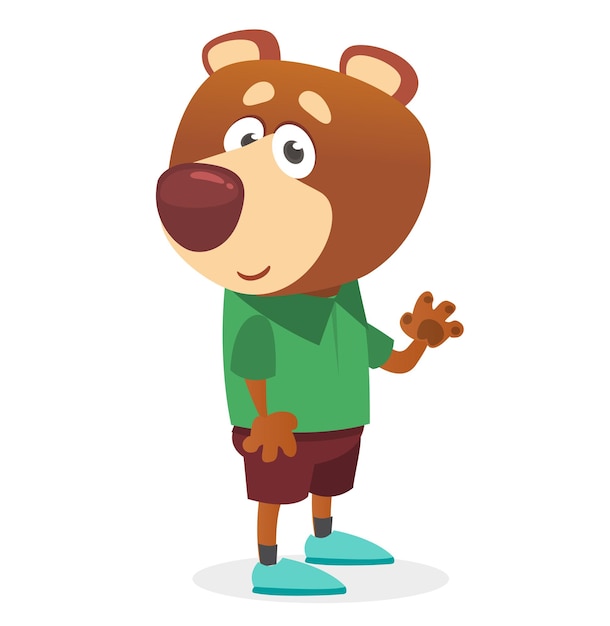 Cartoon funny and happy bear in modern fancy style wearing clothes Vector illustration isolated