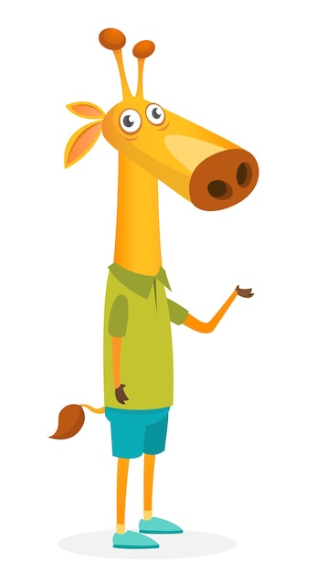 Cartoon divertente e felice giraffa che indossa abiti moderni in stile fantasia