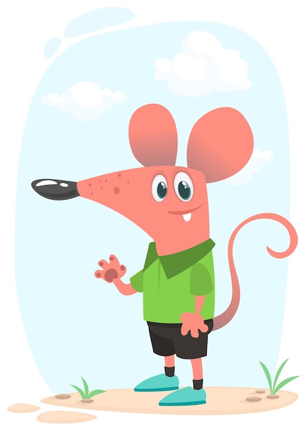 Vector cartoon funny and happy mouse standing on the summer meadow on the tree stump vector illustration