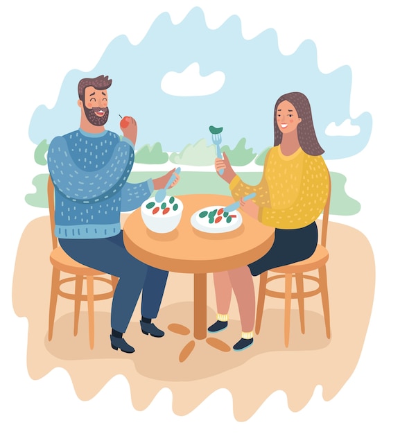 cartoon funny illustration of couple in a street cafe