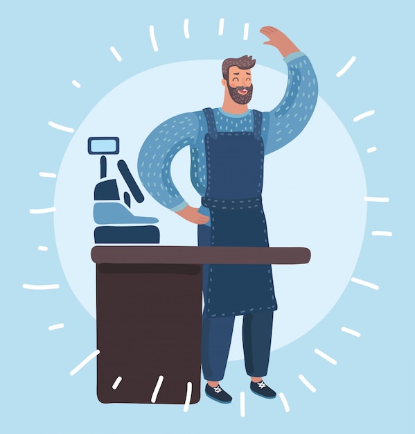 Vector cartoon funny illustration of friendly young man with beard standing behind the cafe of shop counter and wave by hand. young man working in restaurant, helping customer with coffee.