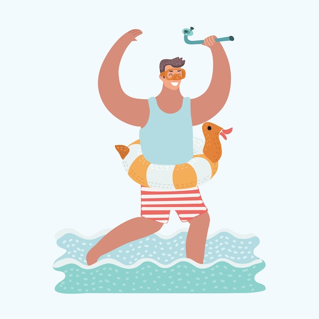 Vector cartoon funny illustration of man running in sea water
