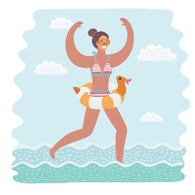  cartoon funny illustration of slim and attractive young woman in yellow swimsuit running in seawater going to swim. Rubber ring. Colorful isolated character on white background.