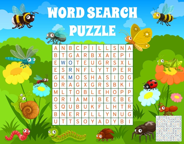 Cartoon funny insects on meadow word search puzzle