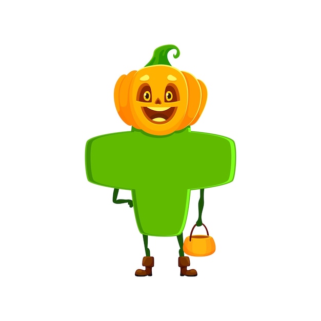 Vector cartoon funny math sign plus in halloween costume with pumpkin face for holiday vector character plus mathematical sign character with scary pumpkin mask and bag for kids halloween celebration