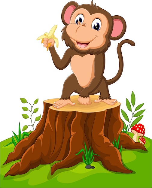 Мультяшная забавная обезьяна, держащая банан на пне