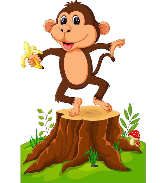 Cartoon funny monkey holding banana on tree stump