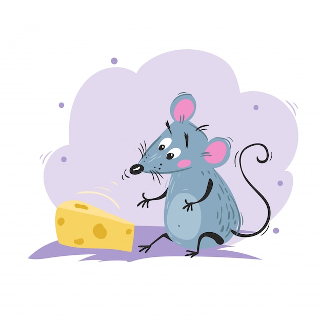 Вектор Мультяшный смешной мышонок нюхает сыр. 2020 год китайский символ. шуточное сидение талисмана. крыса или мышиный персонаж. грызун животное.