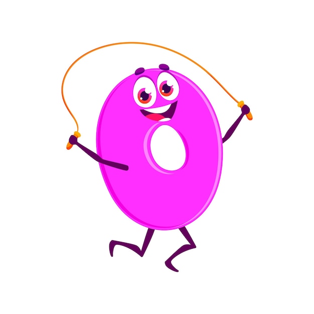 Cartoon funny number zero 0 sportsman character Mathematics cute digit school math numeric symbol isolated vector cheerful personage Arithmetic adorable zero number character jumping on rope