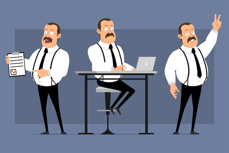 Вектор мультфильм смешные позы офисного работника, изолированные на синем