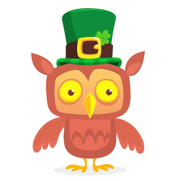 Cartoon funny owl wearing St Patrick's hat with a clover Vector illustration for Saint Patrick's Day Party poster design