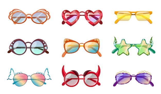 Occhiali da sole divertenti per feste in cartone animato per costume di carnevale occhiali a forma di cuore festivo per vacanze estive set vettore accessori per feste