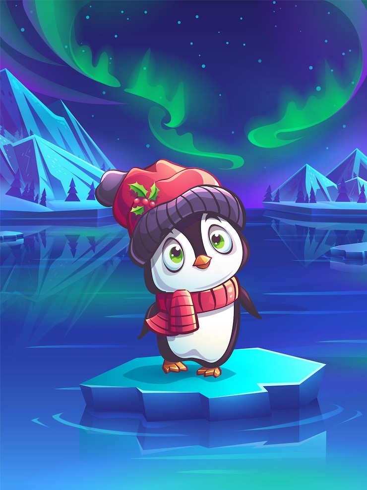 Vector cartoon funny penguin in hat on a floating ice floe