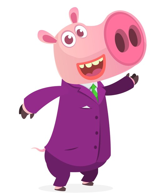 Cartoon funny pink pig wearing suite. Vector illustration