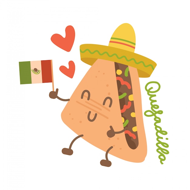 Мультфильм забавный персонаж кесадилья в мексиканской шляпе с каваи лицом, руками и ногами. Ручной обращается милый эмодзи. плоский смайлик иллюстрация мексиканской фаст-фуд.