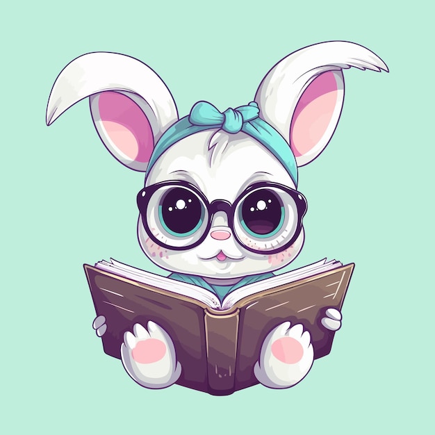 Vector cartoon funny rabbit mascot reading book vector illustration character concept animal education icon