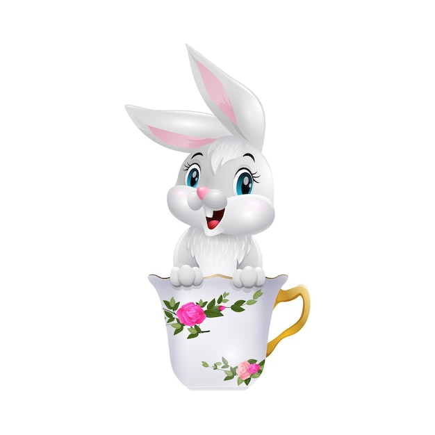 Cartoon funny rabbit sitting in the cup